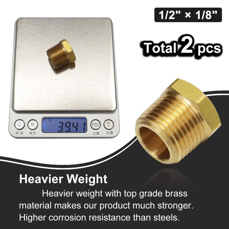Boeray 1/2 Inch NPT Male Thread to 1/8 Inch NPT Female Reducing Brass Pipe Fitting Hex Head Hose Tube Bushing Adapter Convert Pack of 2 - Image 5